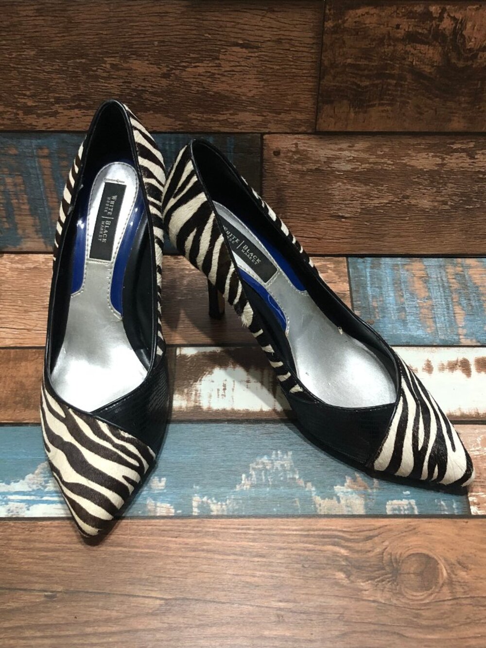 White House Black Market Monarch Leather Heels Calf Zebra Print Women's Size 6 M